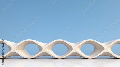 White concrete platform curved shape minimal design geometric pattern openwork structure modern architecture smooth surface blue sky clean background abstract form serene mood urban detail