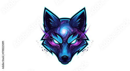 Digital illustration of a neon-colored wolf head mascot with purple and blue hues on a white background.