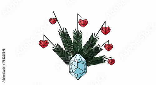 An elegant illustration features a sparkling blue crystal base supporting dark green foliage, adorned with red heart ornaments, creating a whimsical and unique motif.