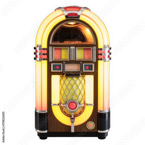 Vintage jukebox with neon lights playing music from the past isolated on transparent background