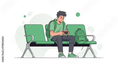 Young man engrossed in video game while waiting on airport chairs in a modern illustration