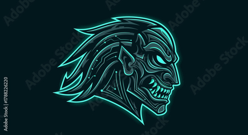 A neon-lit head mascot with glowing eyes and sharp teeth against a dark background, showcasing a futuristic and edgy design with bold lines and vibrant teal outlines.