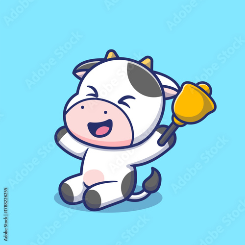 Cute Cow Playing With Bell Cartoon
