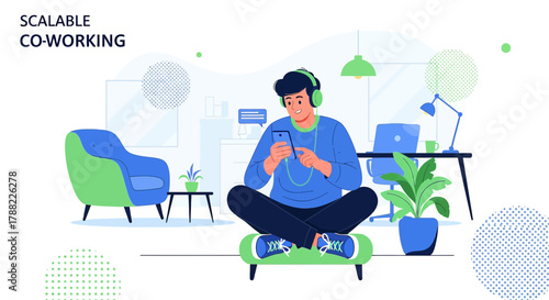 Young man using smartphone in a modern coworking space designed for collaboration and creativity