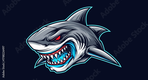 A cartoon shark head mascot with sharp teeth and red eye outlined in blue against a dark background.