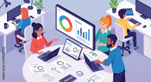 Diverse team collaborating in a modern office environment analyzing charts and graphs on screens and papers