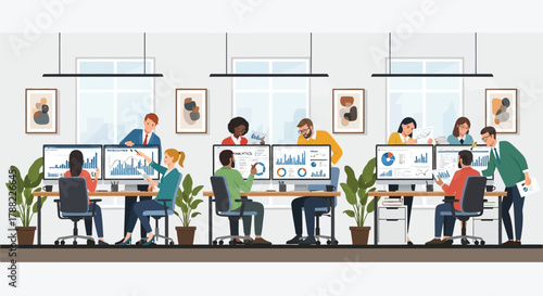 Diverse team of professionals collaborating and analyzing financial data charts and graphs on computer screens in a modern office setting