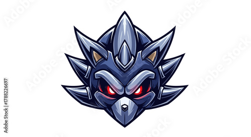 A cartoon-style head mascot with a menacing expression, featuring sharp spikes and red eyes on a white background with a dark color scheme.