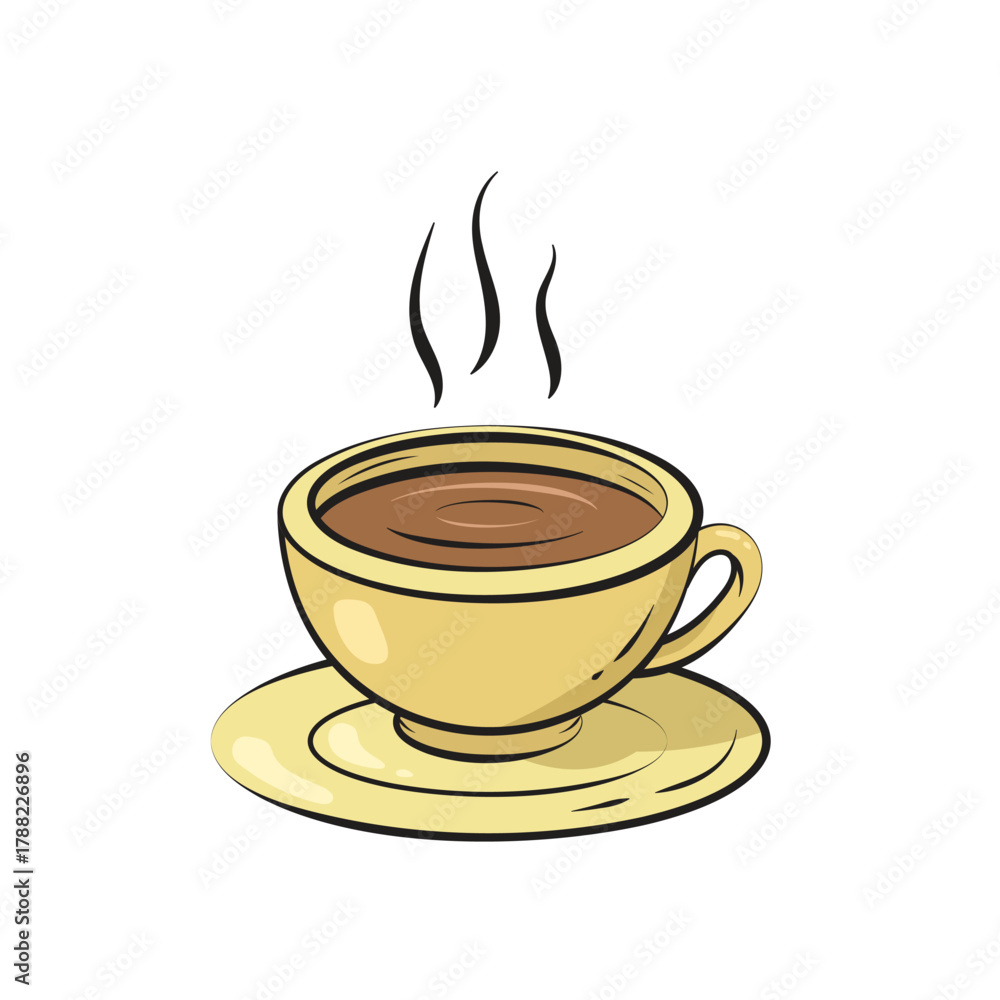 Obraz premium Cartoon Hot Coffee Cup with Steam Isolated on White. Hand Drawn Style Mug and Saucer Clipart. Morning Drink Vector Illustration.