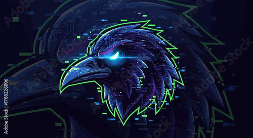A digital illustration of a raven's head serving as a head mascot with neon green outline and glowing blue eye against a dark background with a futuristic and mysterious mood.