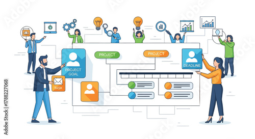 Team of professionals collaborating on project planning and task management with flowchart and icons representing goals and deadlines