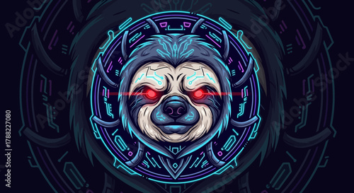 Digital illustration of a dog's head mascot with glowing red eyes, surrounded by a neon blue and purple circular design on a black background.