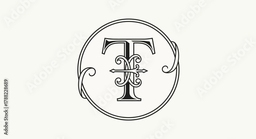 Elegant letter T logo with ornate design enclosed in a circular frame for branding