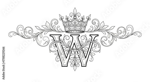 Ornate monogram with letter W, floral scrolls and royal crown, delicate line work design