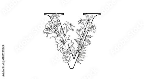 Elegant letter V embellished with blooming lilies and gentle roses floral arrangement concept
