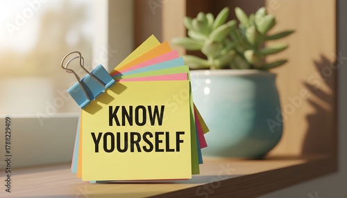 Know Yourself reminder note with succulent plant.