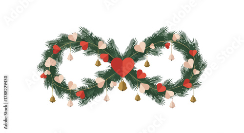 An enchanting evergreen infinity symbol, adorned with festive red and white hearts and golden bells, beautifully represents everlasting love and holiday cheer.