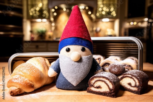 Gingerbread Spice Gnome concept. Charming gnome surrounded by baked goods in a cozy kitchen setting.