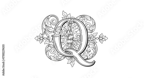 Elegant letter Q with intricate foliage design for artistic monograms and decorations