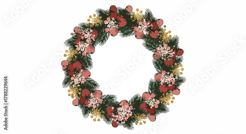 A beautifully crafted festive wreath, adorned with lush green pine branches, vibrant red berries, and delicate golden accents, perfect for holiday celebrations and winter decorations.