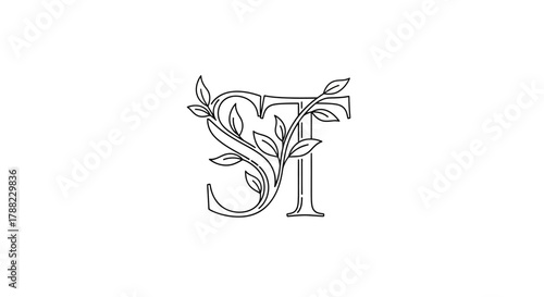 Botanical initials logo with intertwined letters S and T, adorned with delicate foliage and