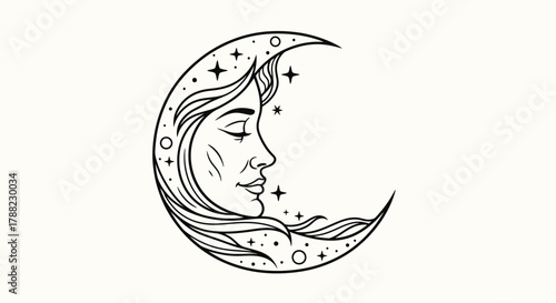 Celestial Dream: A Mystical Crescent Moon with Woman's Face and Cosmic Stars Illustration