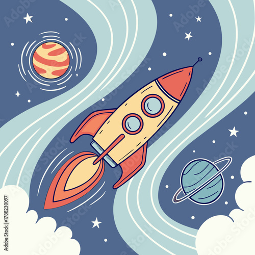 Retro rocket ship soaring through a starry cosmic landscape