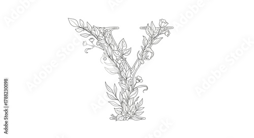 Elegant floral alphabet letter Y design, botanical illustration, delicate leaves and blooms