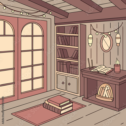 Cozy reading nook with bookshelf and fireplace