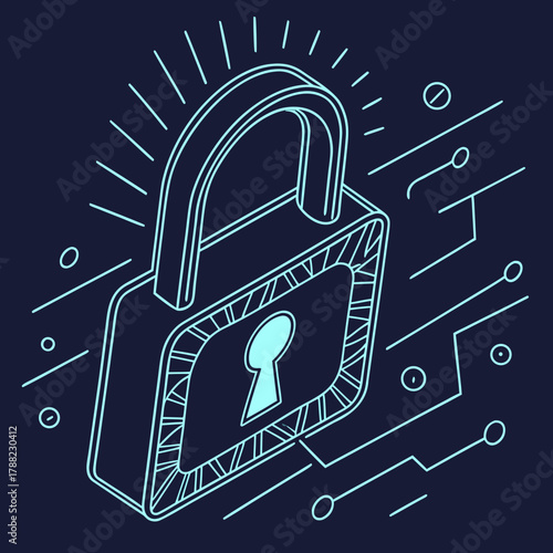 Digital lock and circuit board lines representing cybersecurity