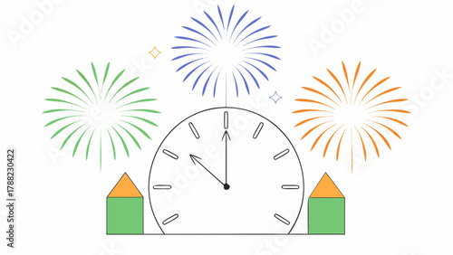 Illustration of a clock near midnight with fireworks and small houses on a white background design