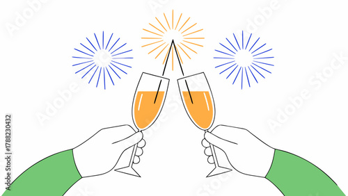 Illustration of hands toasting champagne glasses with fireworks in the background celebration moment