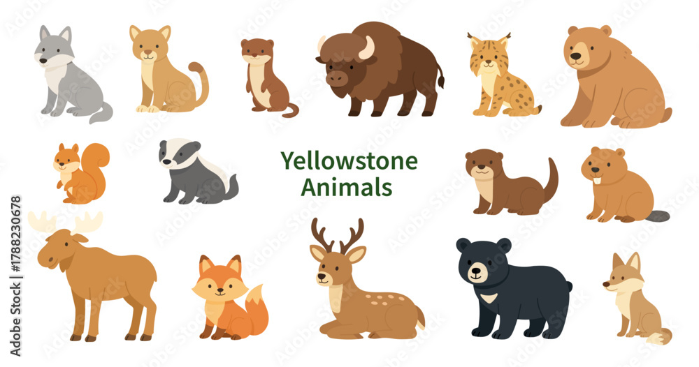 Obraz premium Yellowsone national park animals set, stylized illustrations depict various Yellowstone park animals, vector representations of wildlife suitable for educational displays