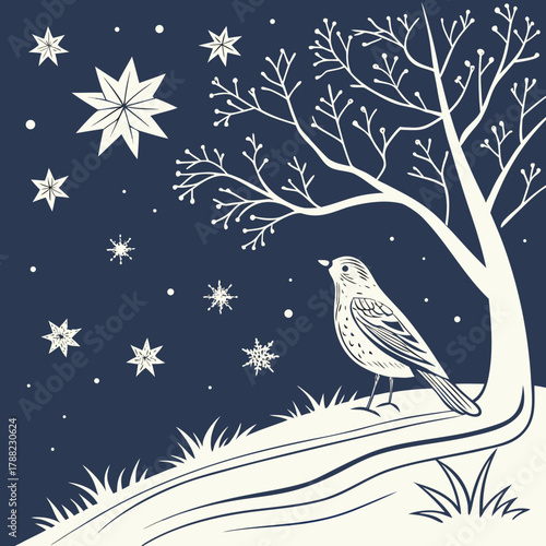 A solitary bird rests under a snowy tree at night