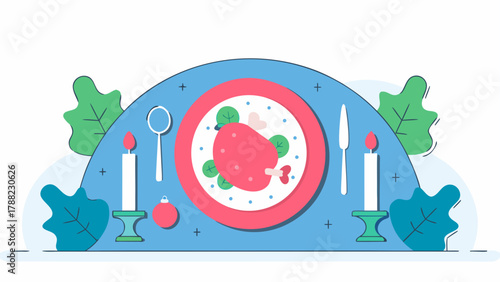Festive thanksgiving dinner with turkey candles and decorations on a blue background design style