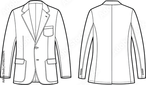 Men’s formal blazer jacket technical flat sketch with front and back view, fashion design template for clothing industry vector