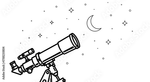 Line Art Exploration: A Telescope Gazing at the Crescent Moon and Distant Stars