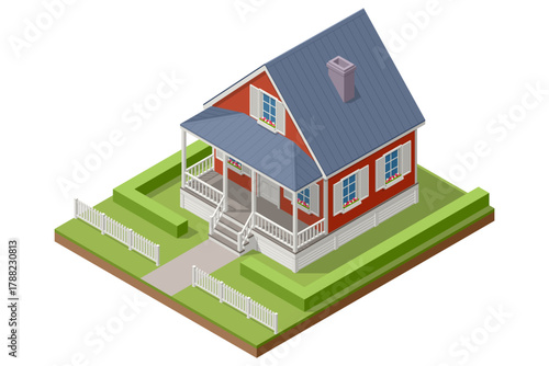 Isometric illustration of a red wooden cottage with white fence, green lawn, and front porch. Cozy countryside house exterior with garden landscape and classic architecture.