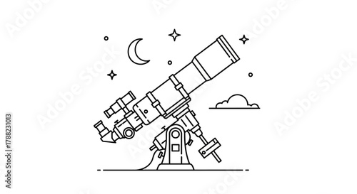 Astronomical exploration depiction featuring a telescope and celestial elements in linear style