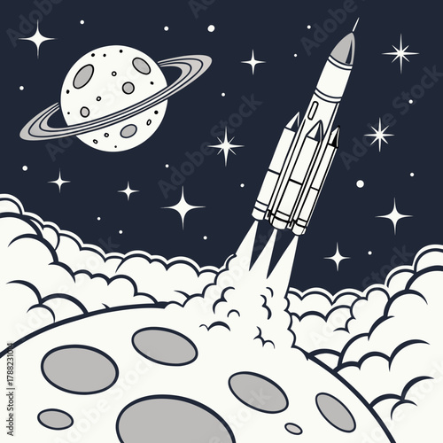 Rocket launching from moon towards saturn and stars