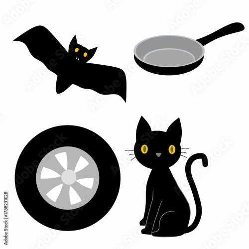 Educational illustration showing black objects for kids to learn colors. Includes bat, cat, tire, and frying pan. Perfect for preschool color learning, classroom posters, and printable worksheets.