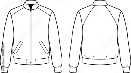 Modern bomber jacket technical fashion flat sketch, detailed front and back CAD drawing, stylish outerwear apparel design template vector illustration