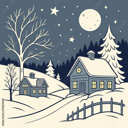 Cozy winter night scene with houses and full moon