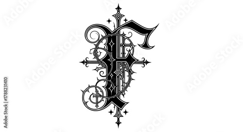 Elaborate gothic letter 'f' with intricate floral ornamentation and celestial accents
