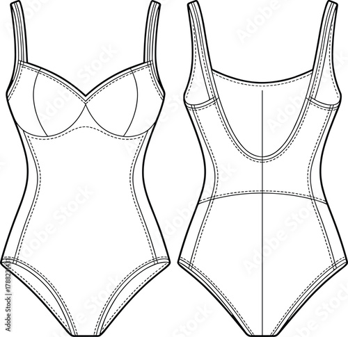 One piece bodysuit fashion flat technical vector illustration with front and back view, lingerie design template for apparel designer use