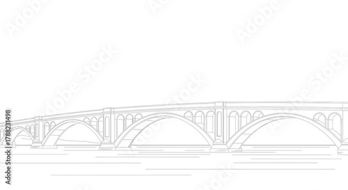 Minimalist bridge illustration showcasing architectural lines over calm water reflection