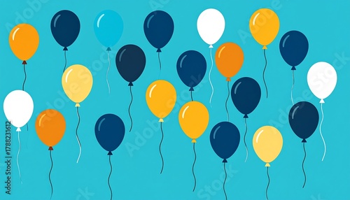 A collection of floating balloons in blue, yellow, orange, navy, and white against a light blue background