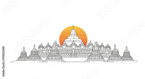 Borobudur architectural landmark sketch with sun setting backdrop in minimalist lines and details