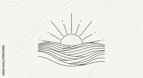 Minimalist sunrise over serene water waves design with a line art style illustration