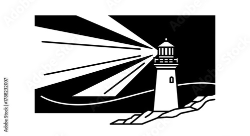 Monochromatic lighthouse illustration guiding ships through the darkness on a rocky coast